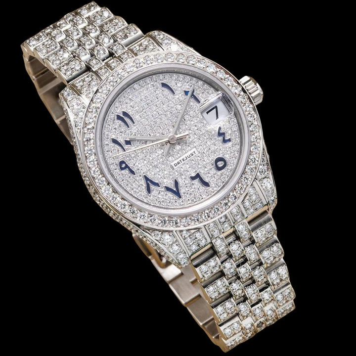 Rolex Datejust Blue Arabic Numerals Diamond Dial Fully Iced Out Jubilee Bracelet Moissanite Watch Close Up Dial View