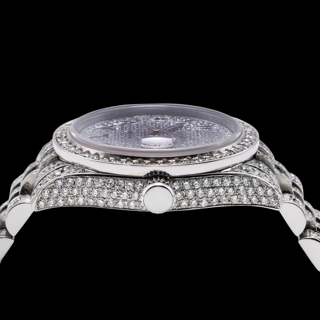 Rolex Datejust Blue Arabic Numerals Diamond Dial Fully Iced Out Jubilee Bracelet Moissanite Watch Close Up Front View
