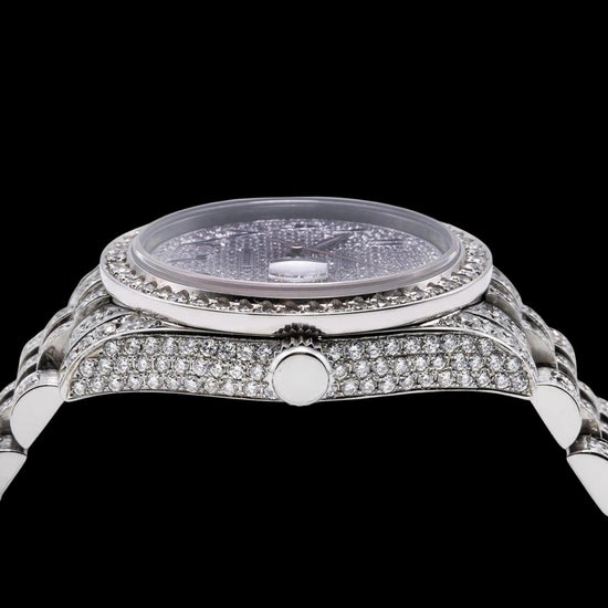Rolex Datejust Blue Arabic Numerals Diamond Dial Fully Iced Out Jubilee Bracelet Moissanite Watch Close Up Front View