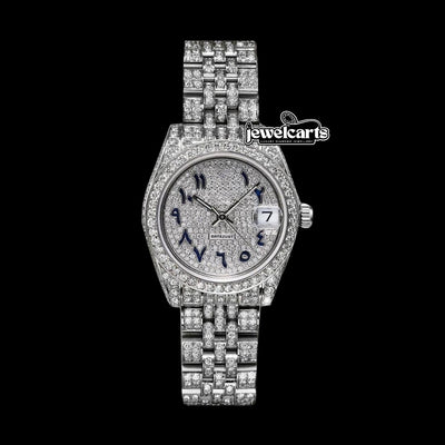 Rolex Datejust Blue Arabic Numerals Diamond Dial Fully Iced Out Jubilee Bracelet Moissanite Watch