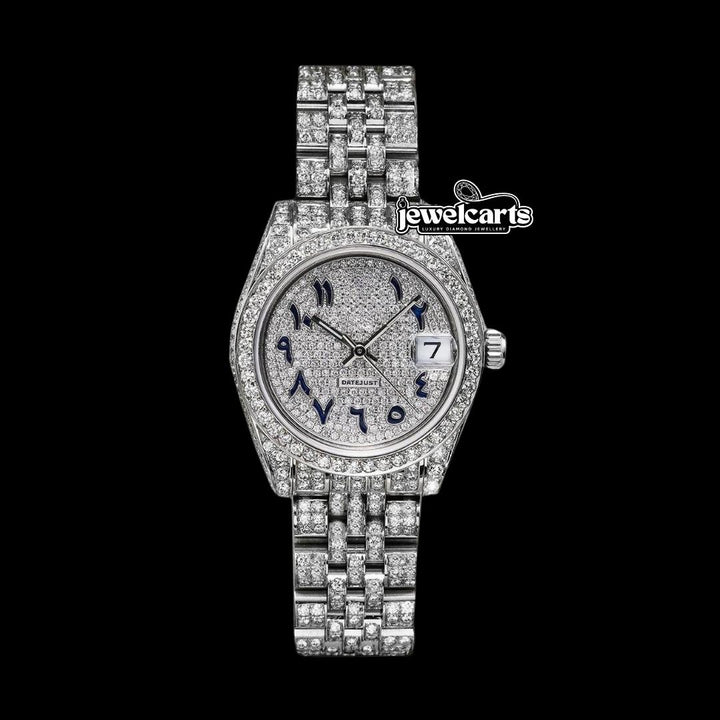 Rolex Datejust Blue Arabic Numerals Diamond Dial Fully Iced Out Jubilee Bracelet Moissanite Watch Front View