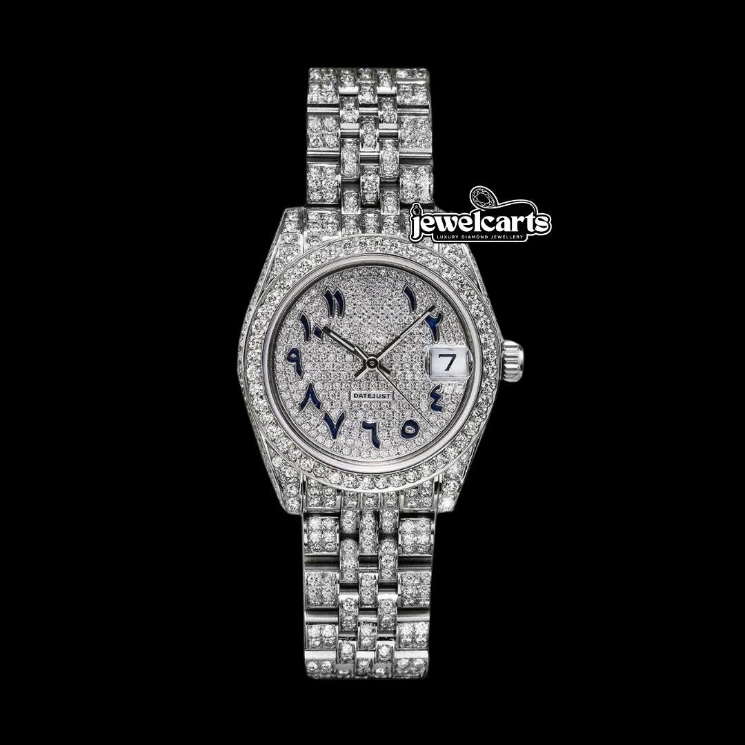 Rolex Datejust Blue Arabic Numerals Diamond Dial Fully Iced Out Jubilee Bracelet Moissanite Watch Front View