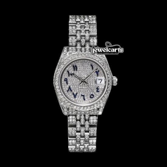 Rolex Datejust Blue Arabic Numerals Diamond Dial Fully Iced Out Jubilee Bracelet Moissanite Watch Front View