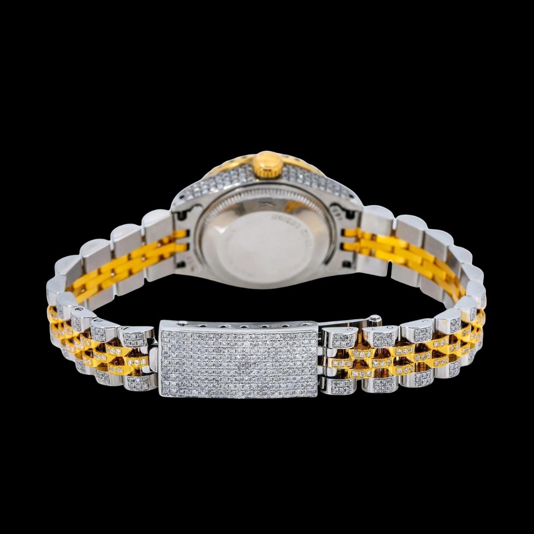 Rolex Datejust Blue Dial Diamond Markers Full Iced Out Two Tone Yellow Gold Jubilee Strap Moissanite Watch Caseback View