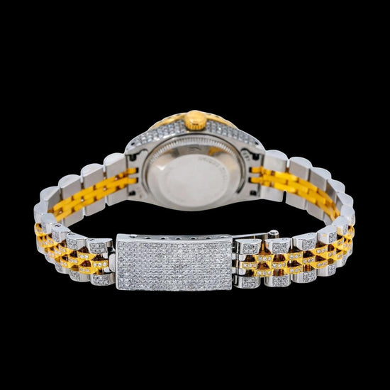 Rolex Datejust Blue Dial Diamond Markers Full Iced Out Two Tone Yellow Gold Jubilee Strap Moissanite Watch Caseback View