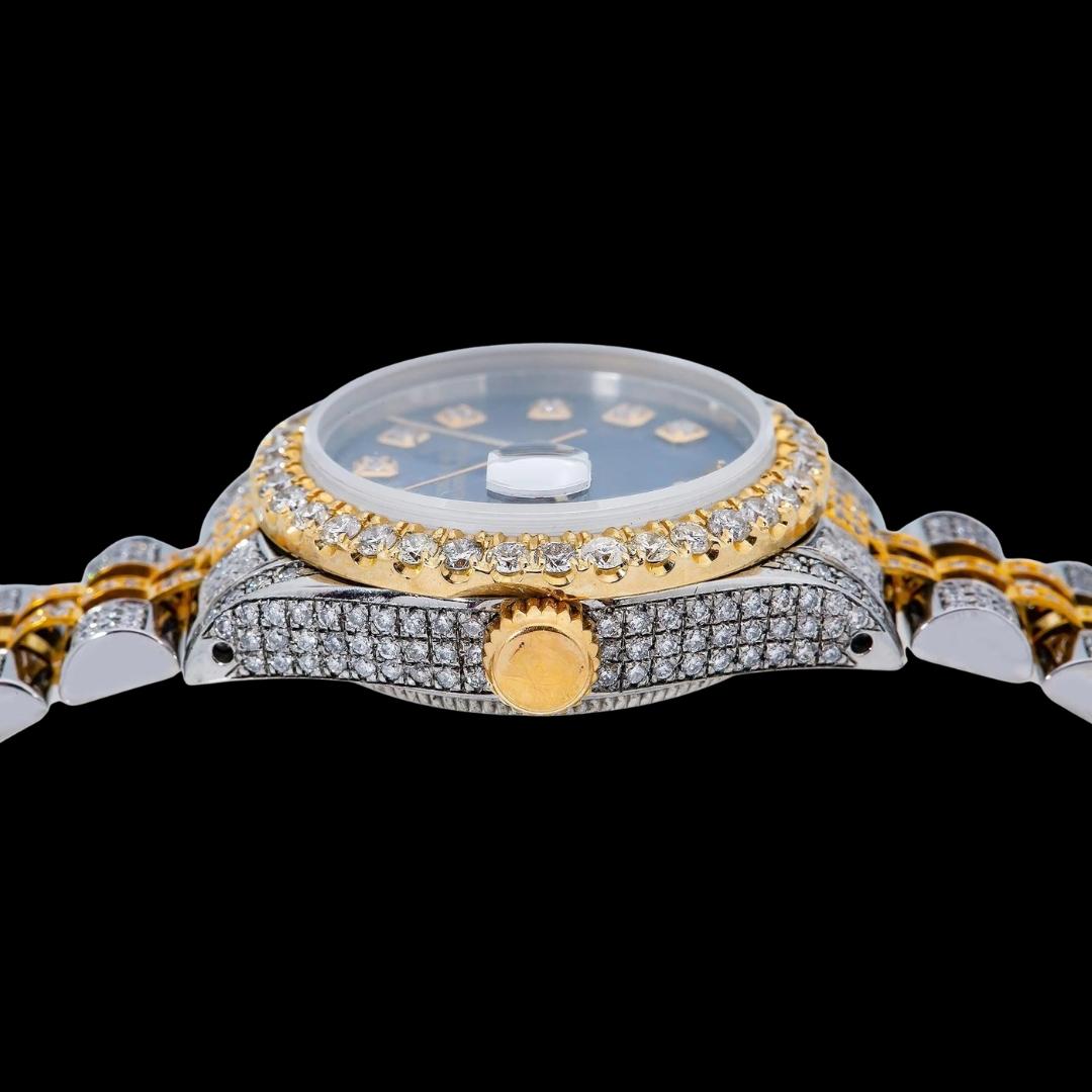 Rolex Datejust Blue Dial Diamond Markers Full Iced Out Two Tone Yellow Gold Jubilee Strap Moissanite Watch Crown View