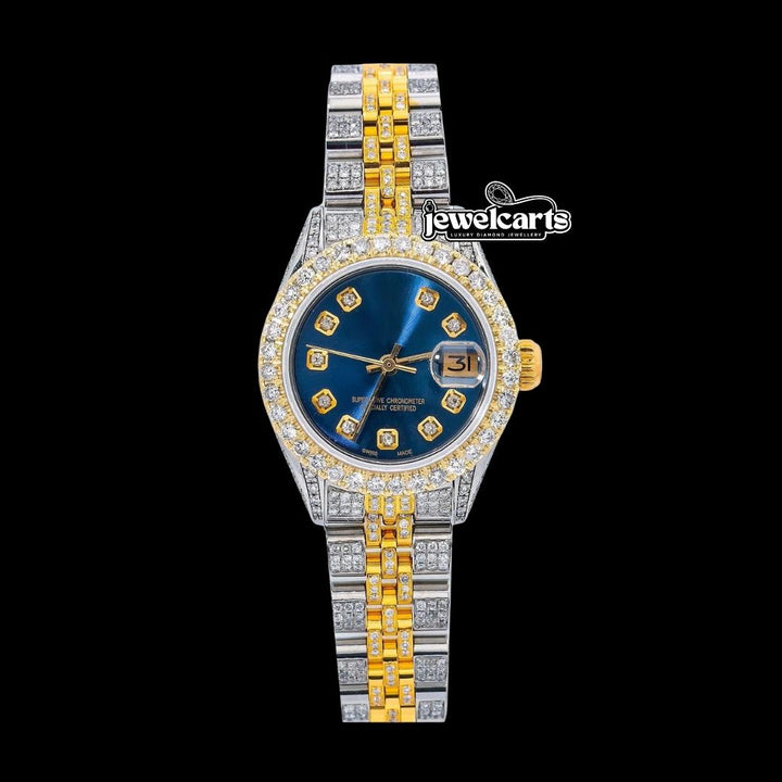 Rolex Datejust Blue Dial Diamond Markers Full Iced Out Two Tone Yellow Gold Jubilee Strap Moissanite Watch Front View