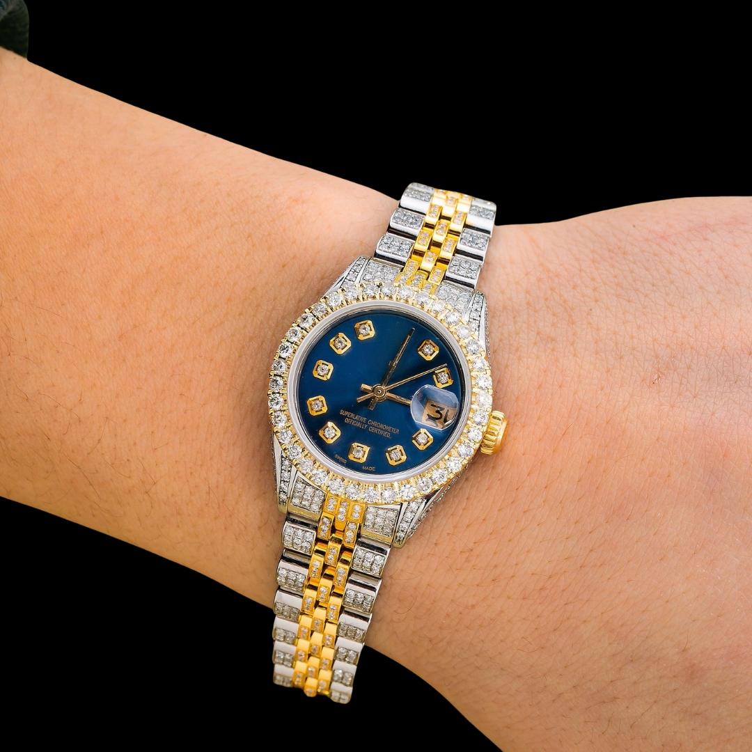 Rolex Datejust Blue Dial Diamond Markers Full Iced Out Two Tone Yellow Gold Jubilee Strap Moissanite Watch On Wrist View