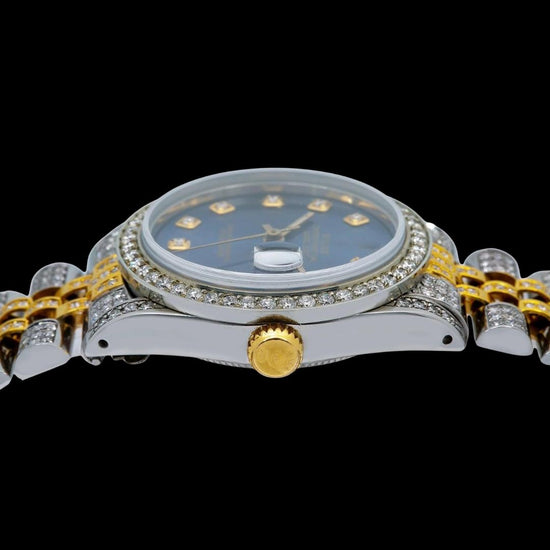 Rolex Datejust Blue Dial Diamond Markers Jubilee Strap Two Tone Yellow Gold Iced Out Moissanite Watch Crown View