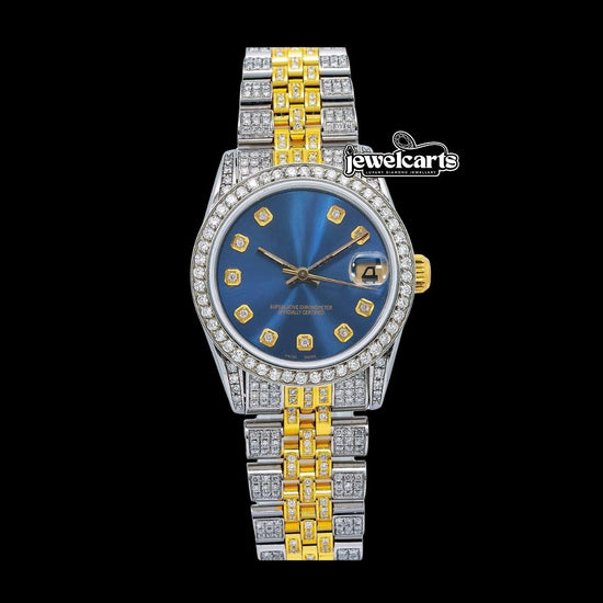Rolex Datejust Blue Dial Diamond Markers Jubilee Strap Two Tone Yellow Gold Iced Out Moissanite Watch Front View