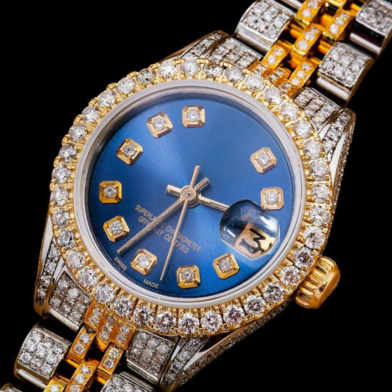 Rolex Datejust Blue Dial Diamond Markers Two Tone Iced Out Jubilee Strap Yellow Gold Moissanite Watch for Women Close Up Diamond Markers View