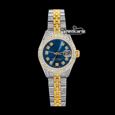 Rolex Datejust Blue Dial Diamond Markers Two Tone Iced Out Jubilee Strap Yellow Gold Moissanite Watch for Women