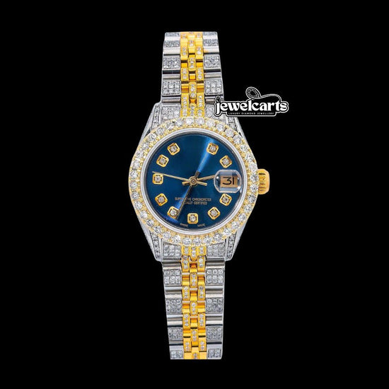 Rolex Datejust Blue Dial Diamond Markers Two Tone Iced Out Jubilee Strap Yellow Gold Moissanite Watch for Women Front View
