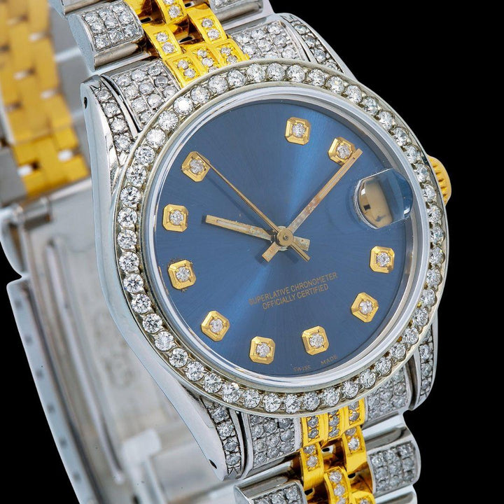 Rolex Datejust Blue Dial Diamond Markers Two Tone Yellow Gold Jubilee Moissanite Watch Close Up Dial View