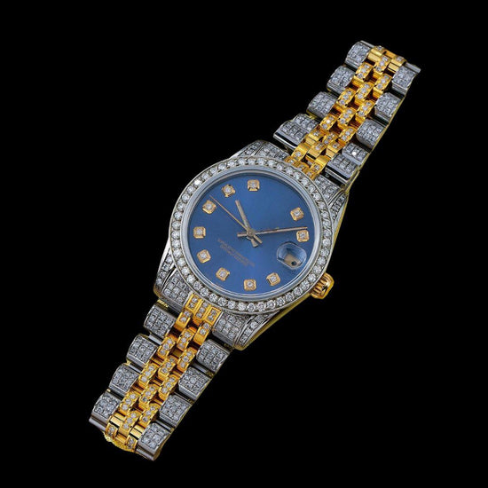 Rolex Datejust Blue Dial Diamond Markers Two Tone Yellow Gold Jubilee Moissanite Watch Close Up Front View