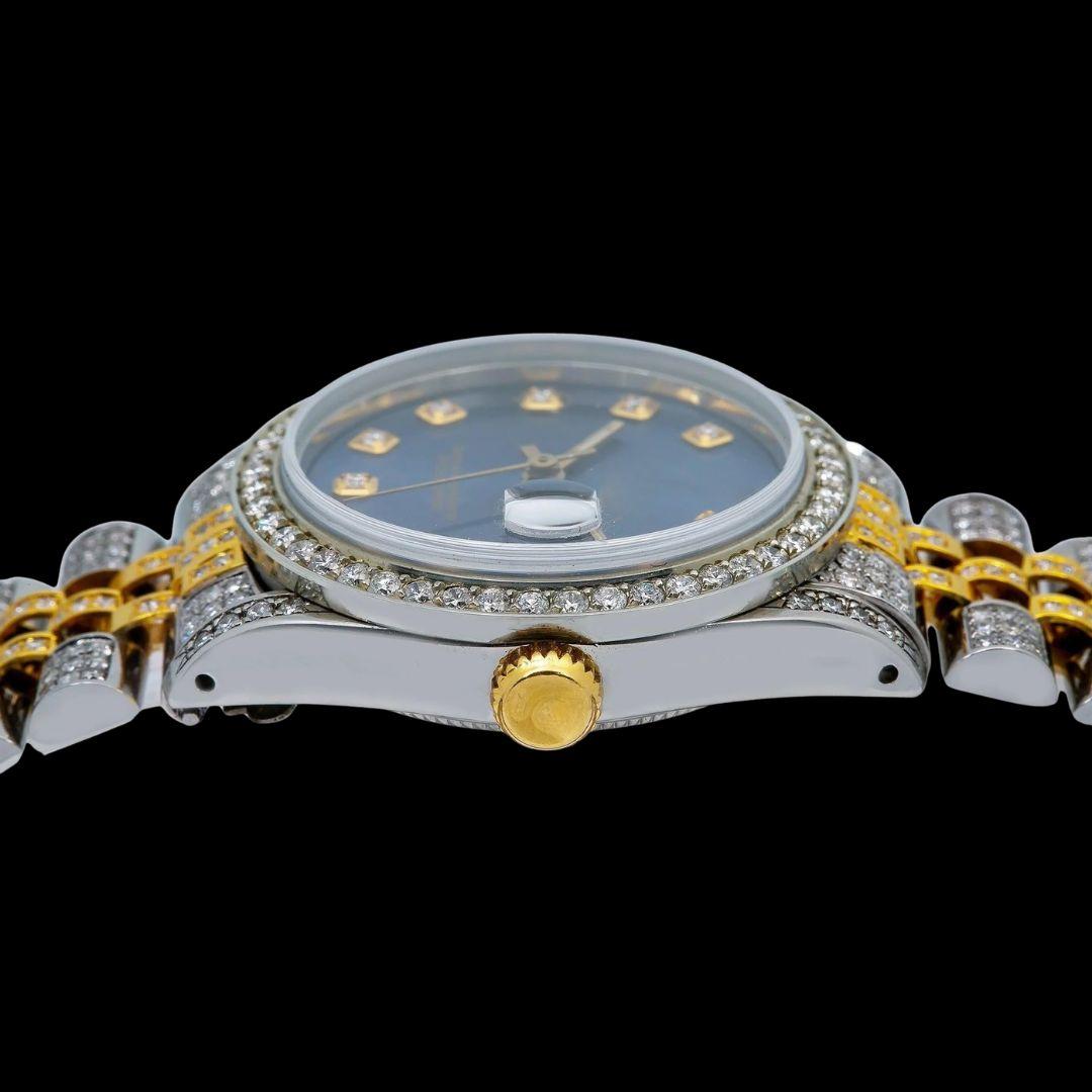 Rolex Datejust Blue Dial Diamond Markers Two Tone Yellow Gold Jubilee Moissanite Watch Crown View