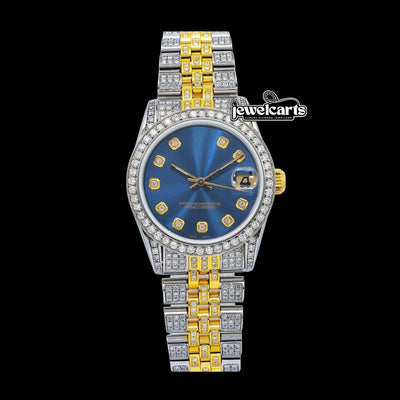 Rolex Datejust Blue Dial Diamond Markers Two Tone Yellow Gold Jubilee Moissanite Watch