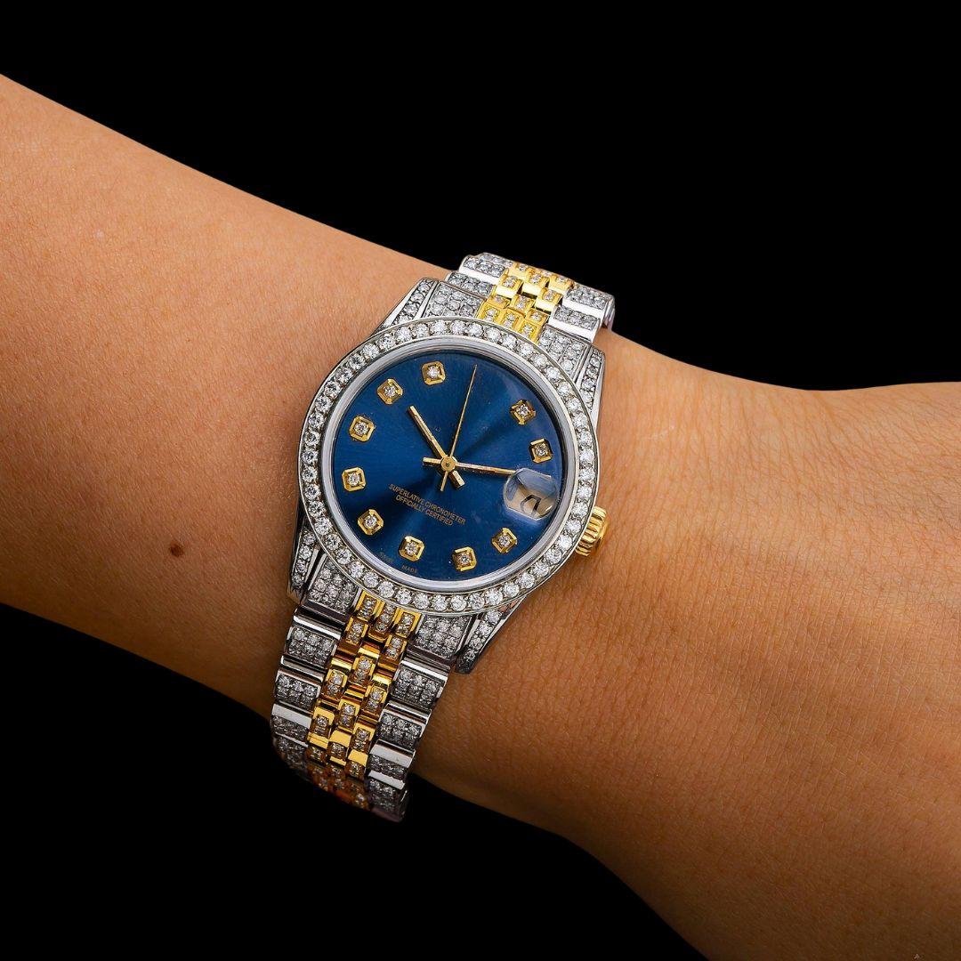 Rolex Datejust Blue Dial Diamond Markers Two Tone Yellow Gold Jubilee Moissanite Watch On Wrist View