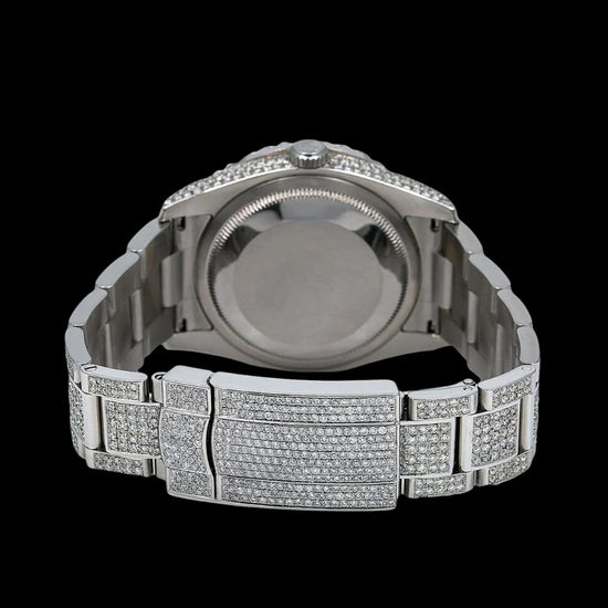 Rolex Datejust Blue Dial Diamond Roman Numerals Fully Iced Out Oyster Strap Moissanite Watch Caseback View