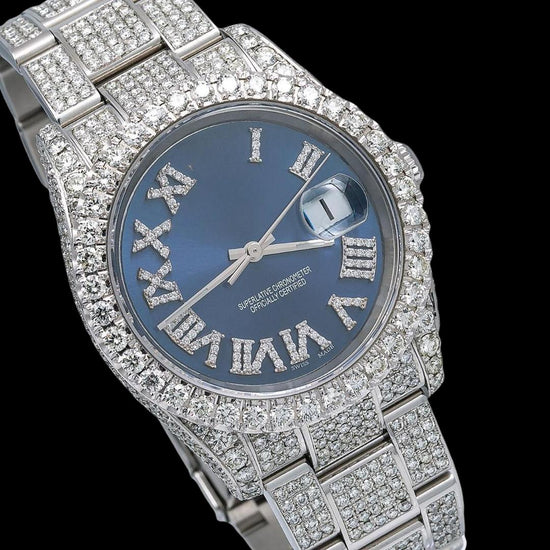 Rolex Datejust Blue Dial Diamond Roman Numerals Fully Iced Out Oyster Strap Moissanite Watch Close Up Dial View