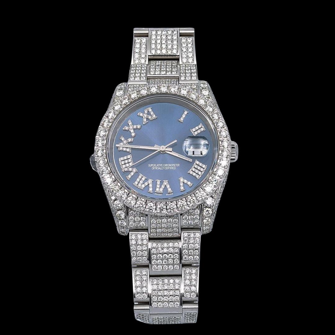 Rolex Datejust Blue Dial Diamond Roman Numerals Fully Iced Out Oyster Strap Moissanite Watch Close Up Front View