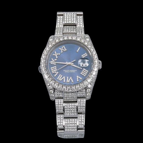 Rolex Datejust Blue Dial Diamond Roman Numerals Fully Iced Out Oyster Strap Moissanite Watch Close Up Front View