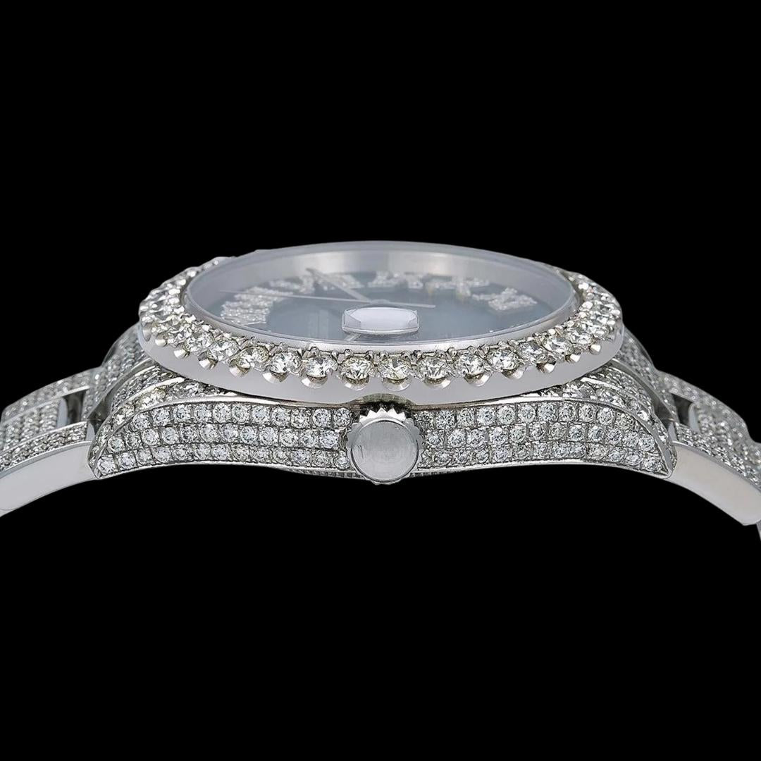 Rolex Datejust Blue Dial Diamond Roman Numerals Fully Iced Out Oyster Strap Moissanite Watch Crown View