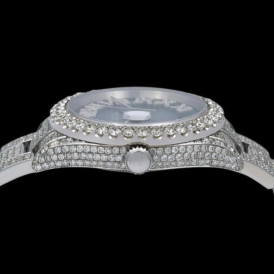 Rolex Datejust Blue Dial Diamond Roman Numerals Fully Iced Out Oyster Strap Moissanite Watch Crown View