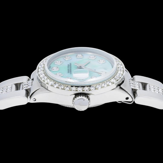 Rolex Datejust Blue Mother of Pearl Diamond Dial Iced Out Oyster Bracelet Moissanite Watch Crown View