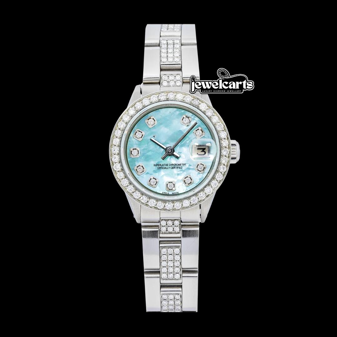 Rolex Datejust Blue Mother of Pearl Diamond Dial Iced Out Oyster Bracelet Moissanite Watch Front View