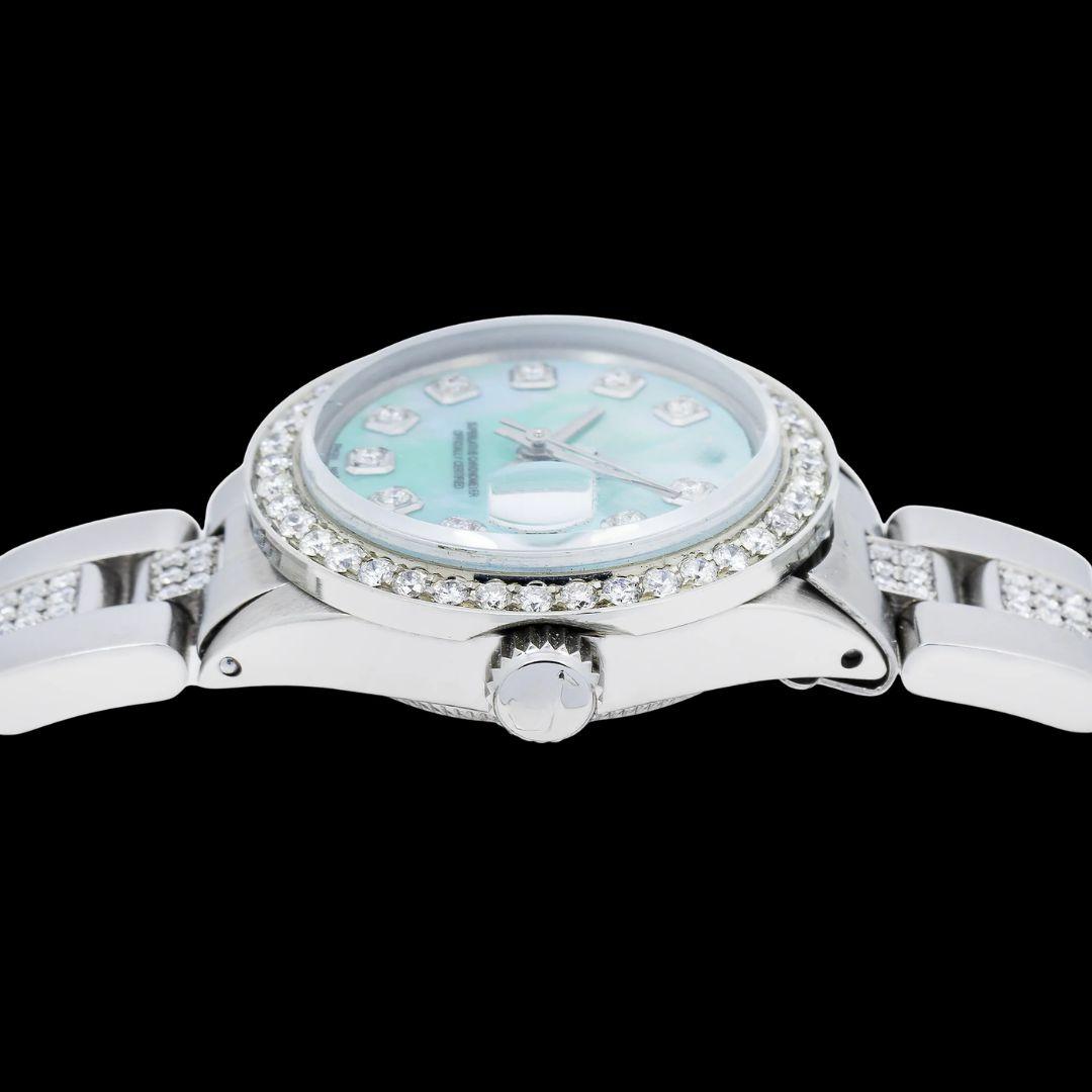 Rolex Datejust Blue Mother of Pearl Diamond Markers Dial Iced Out Oyster Bracelet Moissanite Watch Crown View