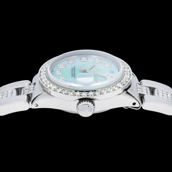 Rolex Datejust Blue Mother of Pearl Diamond Markers Dial Iced Out Oyster Bracelet Moissanite Watch Crown View