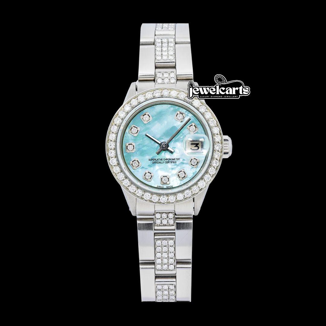 Rolex Datejust Blue Mother of Pearl Diamond Markers Dial Iced Out Oyster Bracelet Moissanite Watch Front View