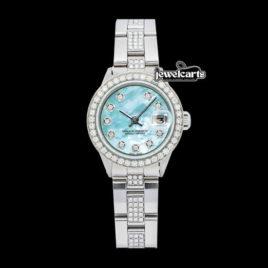 Rolex Datejust Blue Mother of Pearl Diamond Markers Dial Iced Out Oyster Bracelet Moissanite Watch Front View