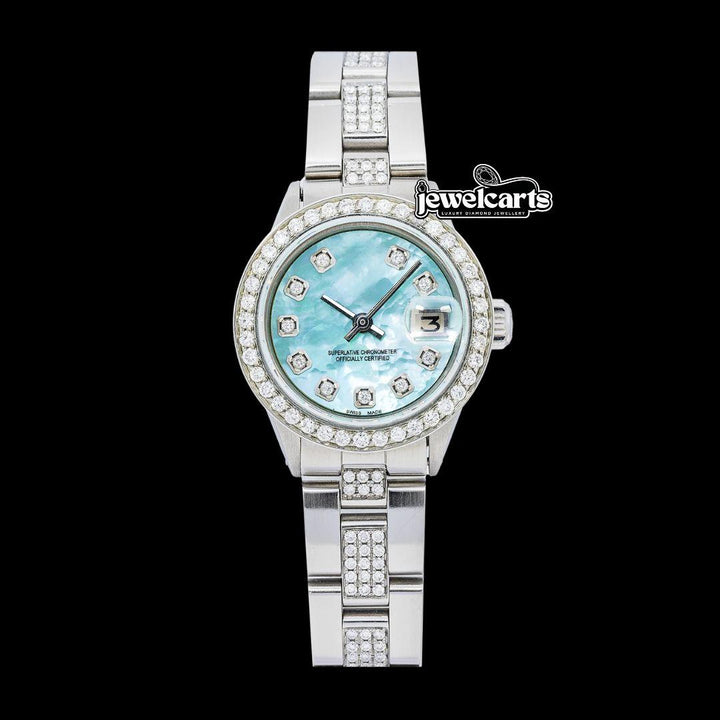 Rolex Datejust Blue Mother of Pearl Diamond Markers Dial Iced Out Oyster Bracelet Moissanite Watch Front View