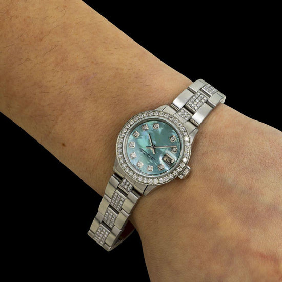 Rolex Datejust Blue Mother of Pearl Diamond Markers Dial Iced Out Oyster Bracelet Moissanite Watch On Wrist View