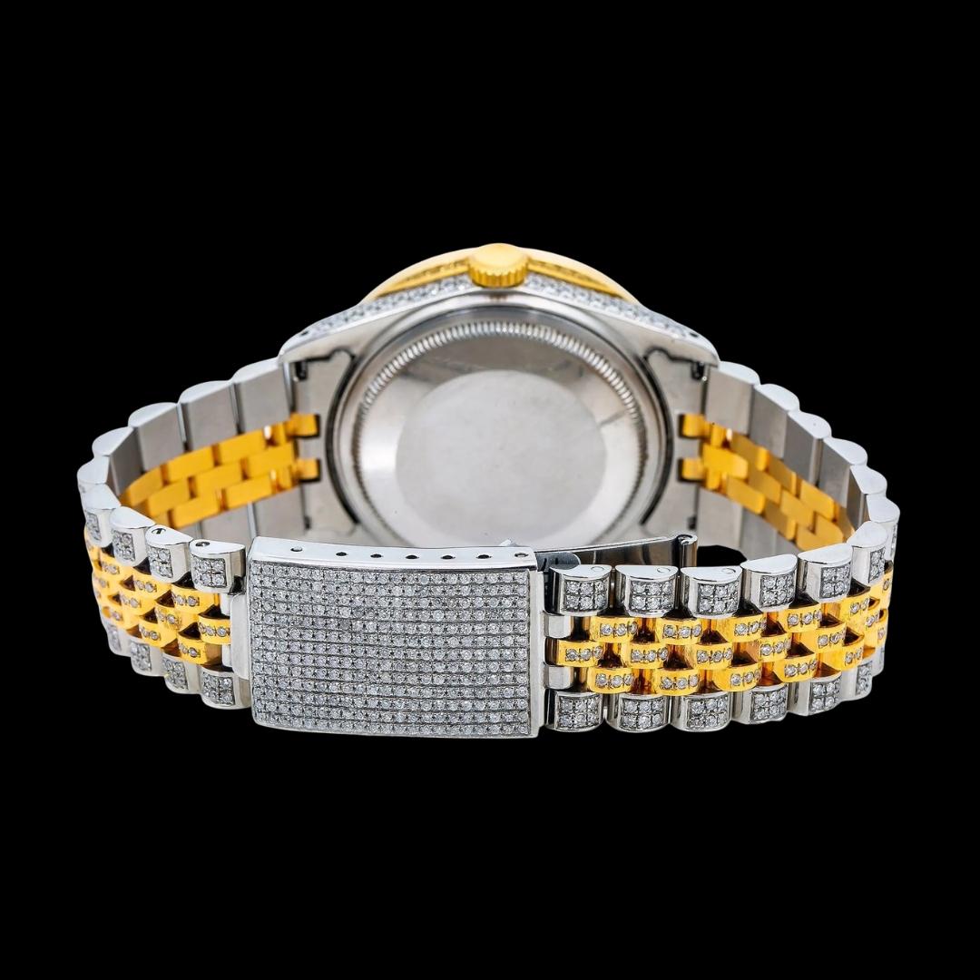 Rolex Datejust Blue Mother of Pearl Roman Dial Two Tone Yellow Gold Full Iced Out Jubilee Bracelet Moissanite Watch Caseback View
