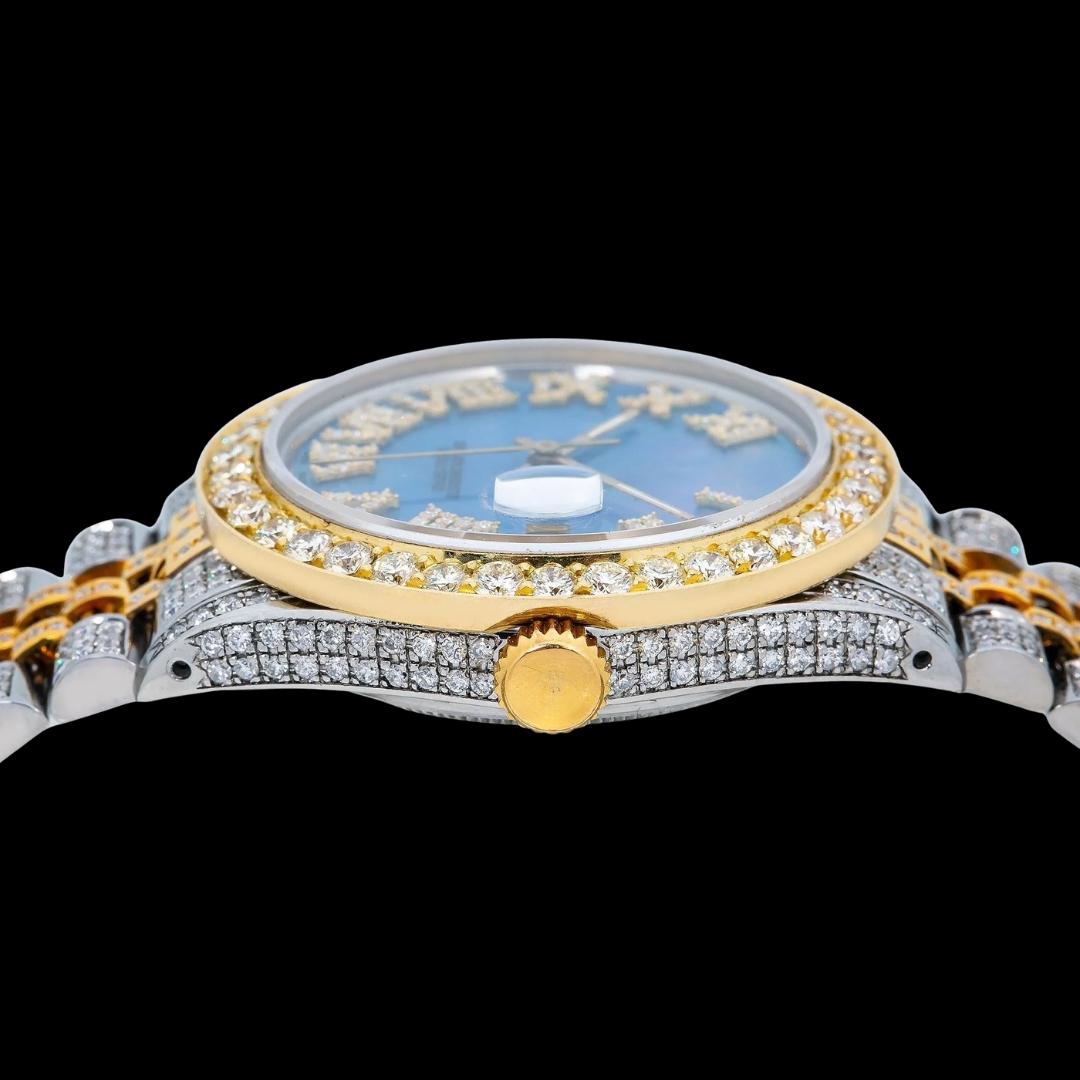Rolex Datejust Blue Mother of Pearl Roman Dial Two Tone Yellow Gold Full Iced Out Jubilee Bracelet Moissanite Watch Crown View