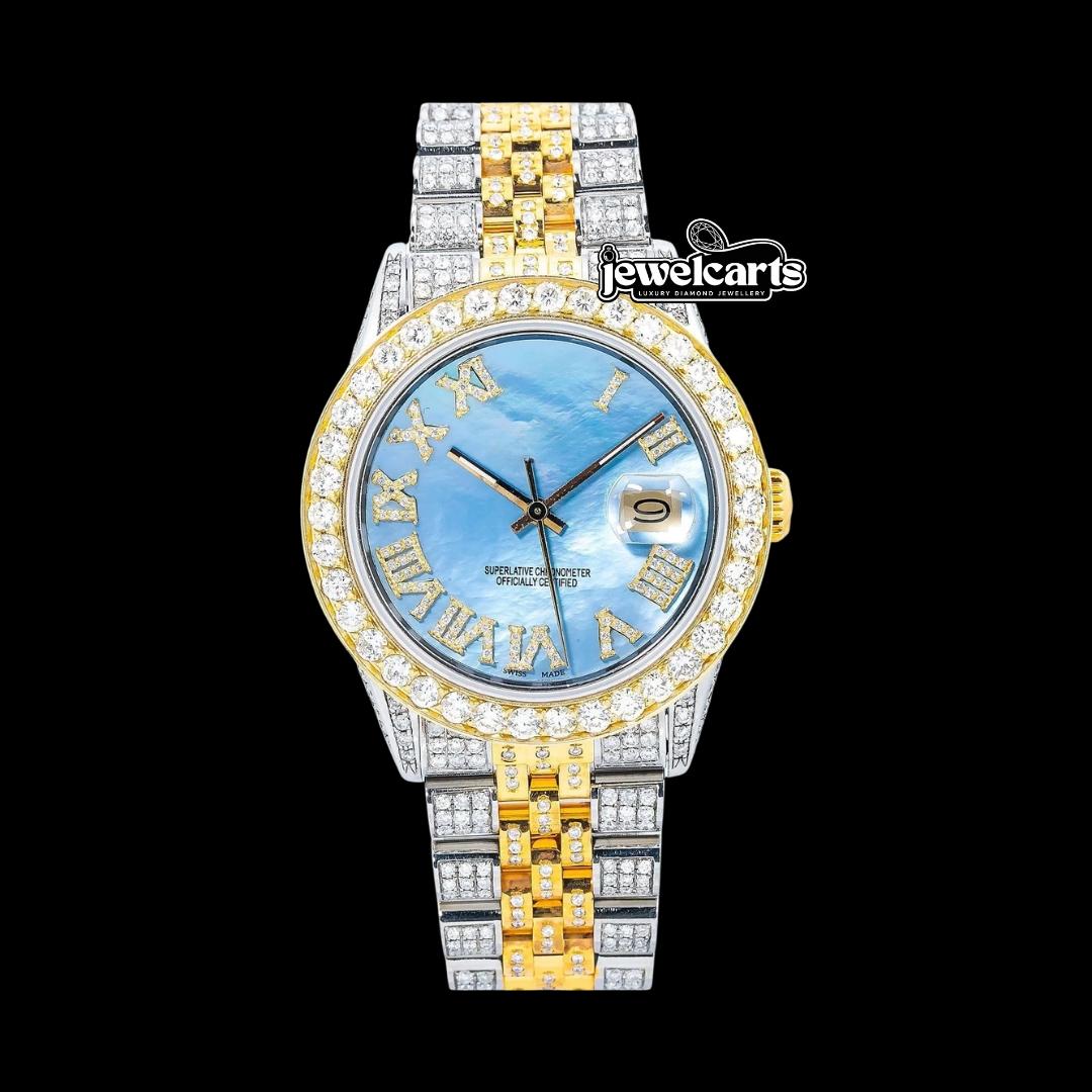 Rolex Datejust Blue Mother of Pearl Roman Dial Two Tone Yellow Gold Full Iced Out Jubilee Bracelet Moissanite Watch Front View