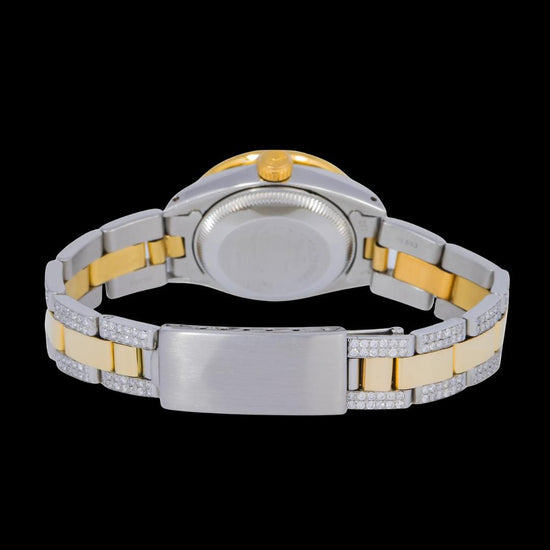 Rolex Datejust Blue Pearl Dial Rainbow Bezel Two Tone Yellow Gold Semi Iced Oyster Bracelet Moissanite Watch Caseback View