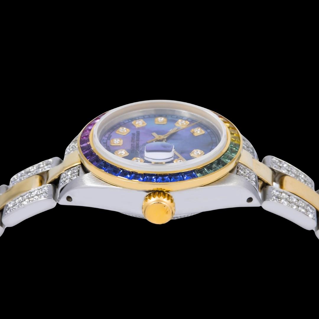 Rolex Datejust Blue Pearl Dial Rainbow Bezel Two Tone Yellow Gold Semi Iced Oyster Bracelet Moissanite Watch Crown View