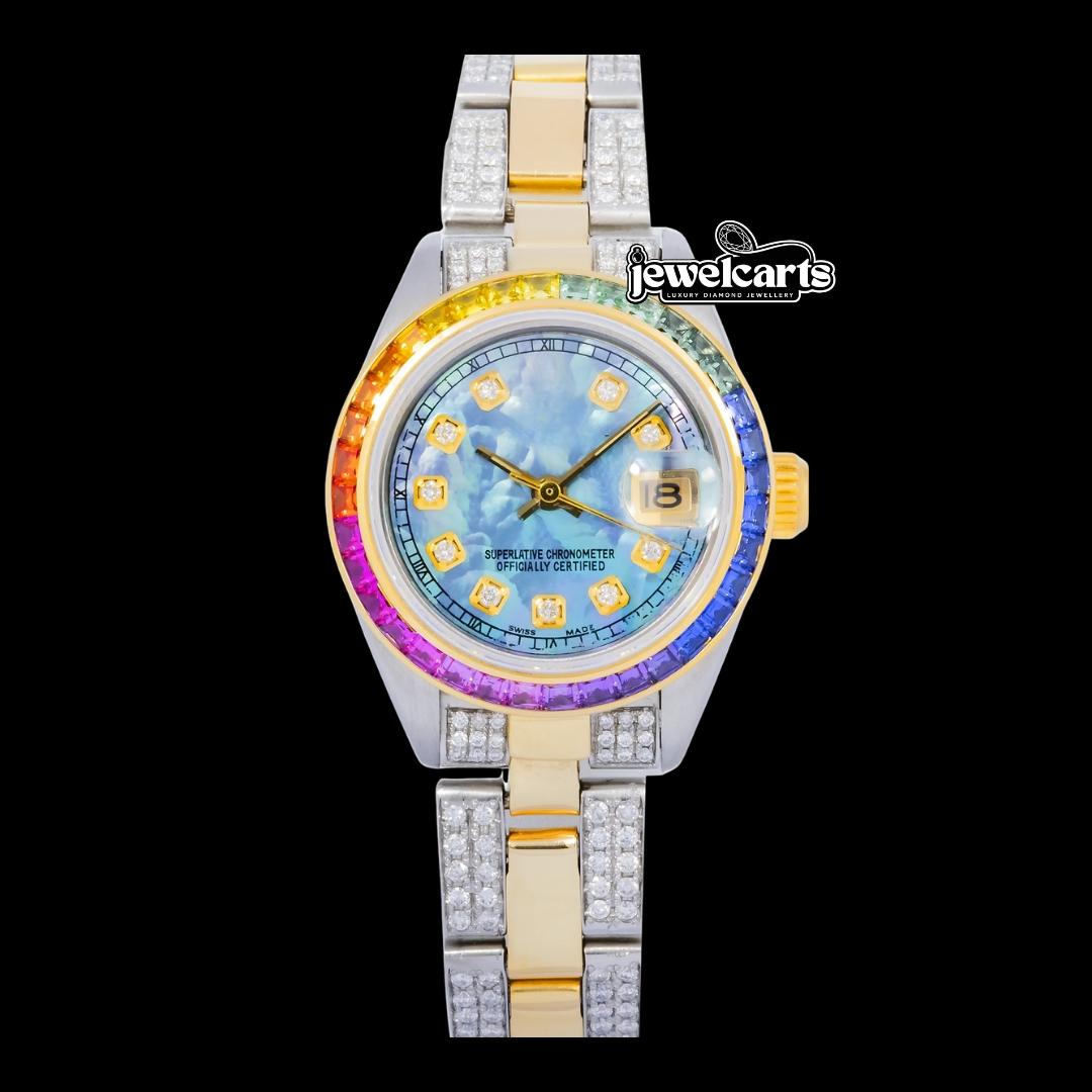 Rolex Datejust Blue Pearl Dial Rainbow Bezel Two Tone Yellow Gold Semi Iced Oyster Bracelet Moissanite Watch Front View