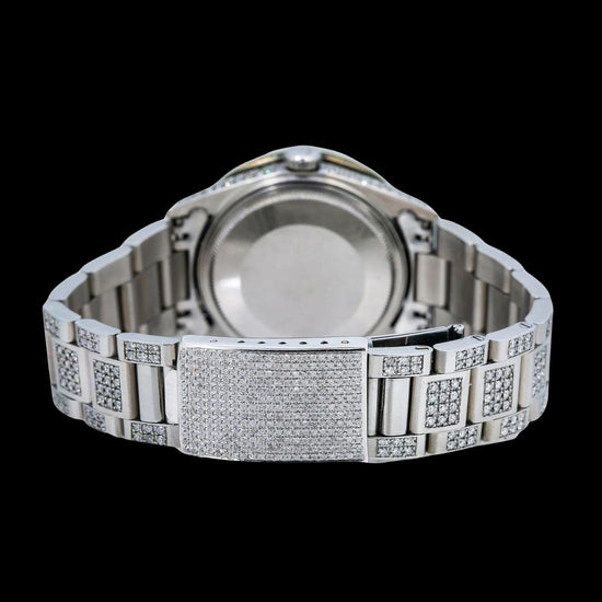 Rolex Datejust Blue Roman Diamond Dial Diamond Bezel Full Iced Out Oyster Bracelet Moissanite Watch Caseback View
