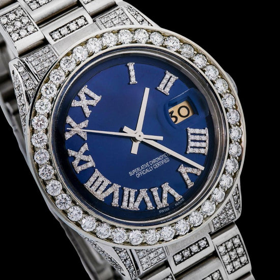 Rolex Datejust Blue Roman Diamond Dial Diamond Bezel Full Iced Out Oyster Bracelet Moissanite Watch Close Up Dial View