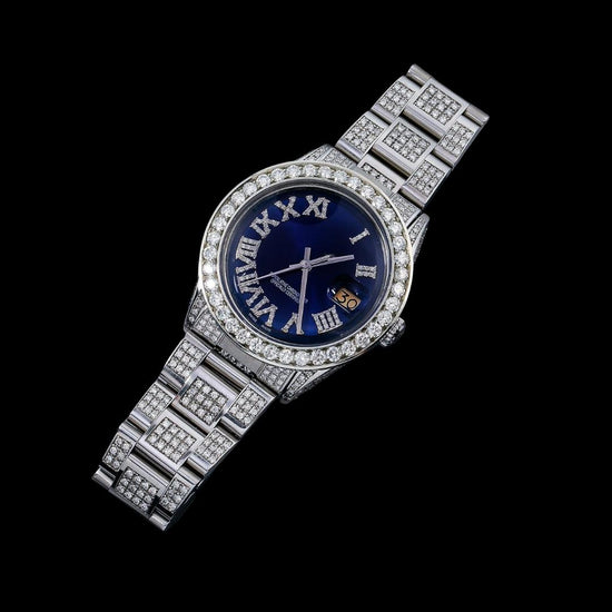Rolex Datejust Blue Roman Diamond Dial Diamond Bezel Full Iced Out Oyster Bracelet Moissanite Watch Close Up Front View