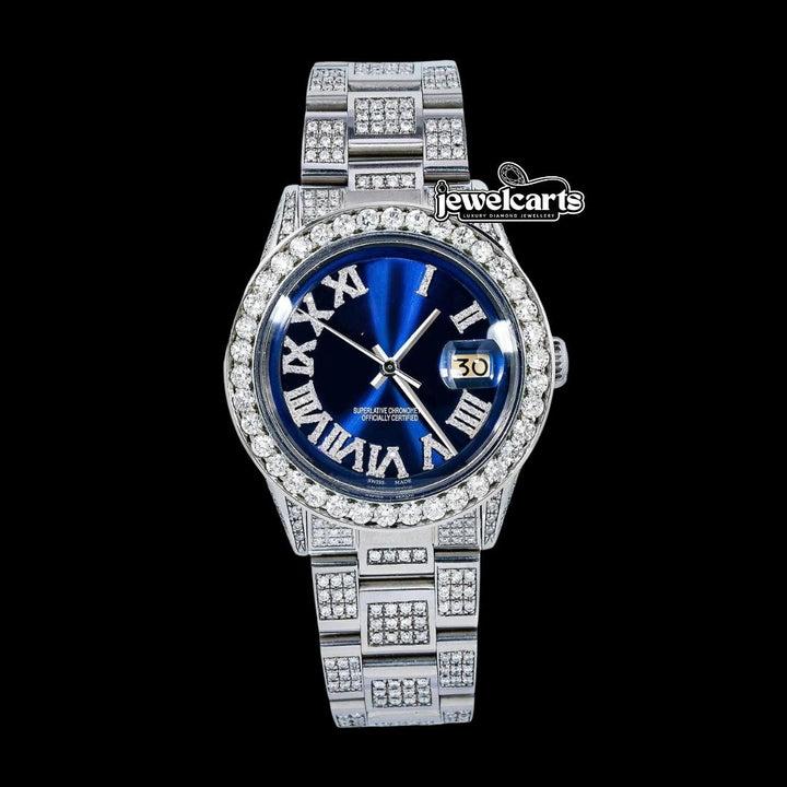 Rolex Datejust Blue Roman Diamond Dial Diamond Bezel Full Iced Out Oyster Bracelet Moissanite Watch Front View