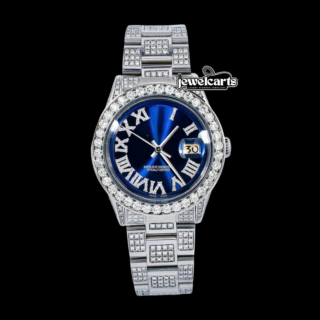 Rolex Datejust Blue Roman Diamond Dial Diamond Bezel Full Iced Out Oyster Bracelet Moissanite Watch Front View