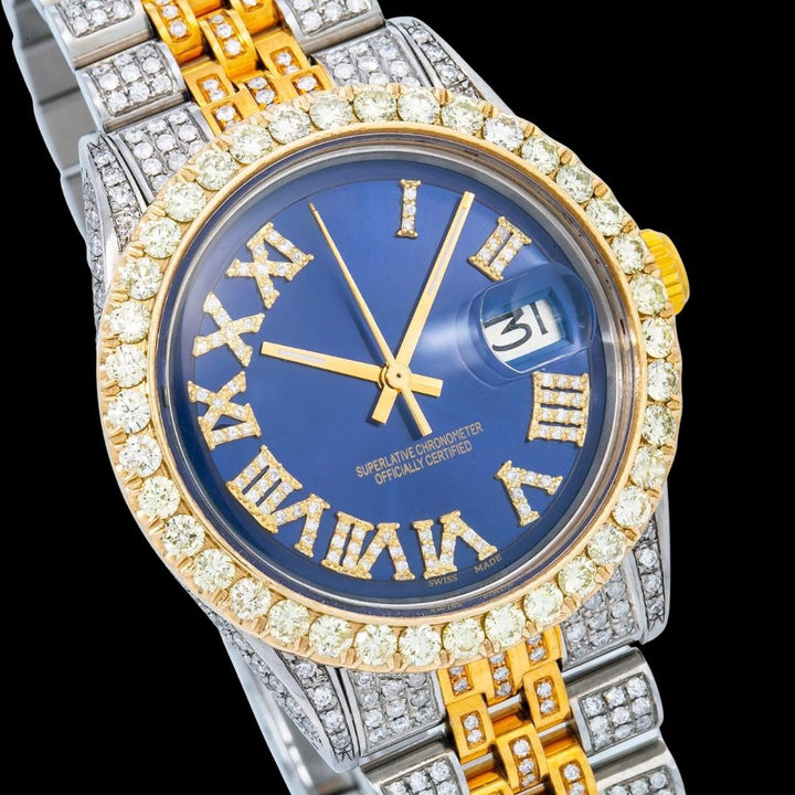 Rolex Datejust Blue Roman Diamond Dial Two Tone Yellow Gold Full Iced Out Jubilee Bracelet Moissanite Watch Close Up Dial View