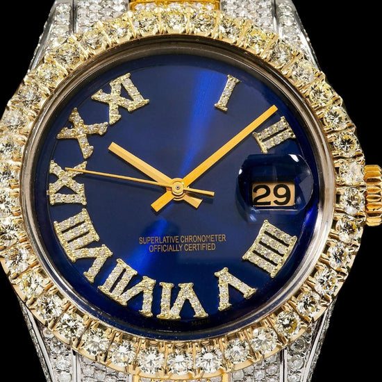 Rolex Datejust Blue Roman Diamond Dial Two Tone Yellow Gold Full Iced Out Jubilee Bracelet Moissanite Watch Close Up Numerals View