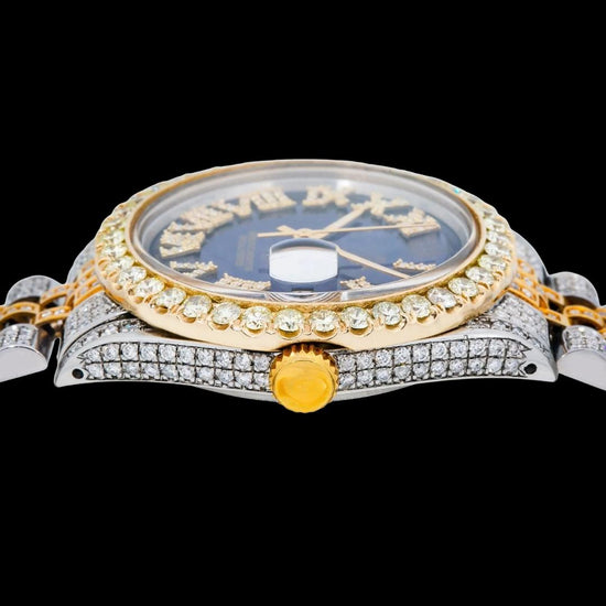 Rolex Datejust Blue Roman Diamond Dial Two Tone Yellow Gold Full Iced Out Jubilee Bracelet Moissanite Watch Crown View